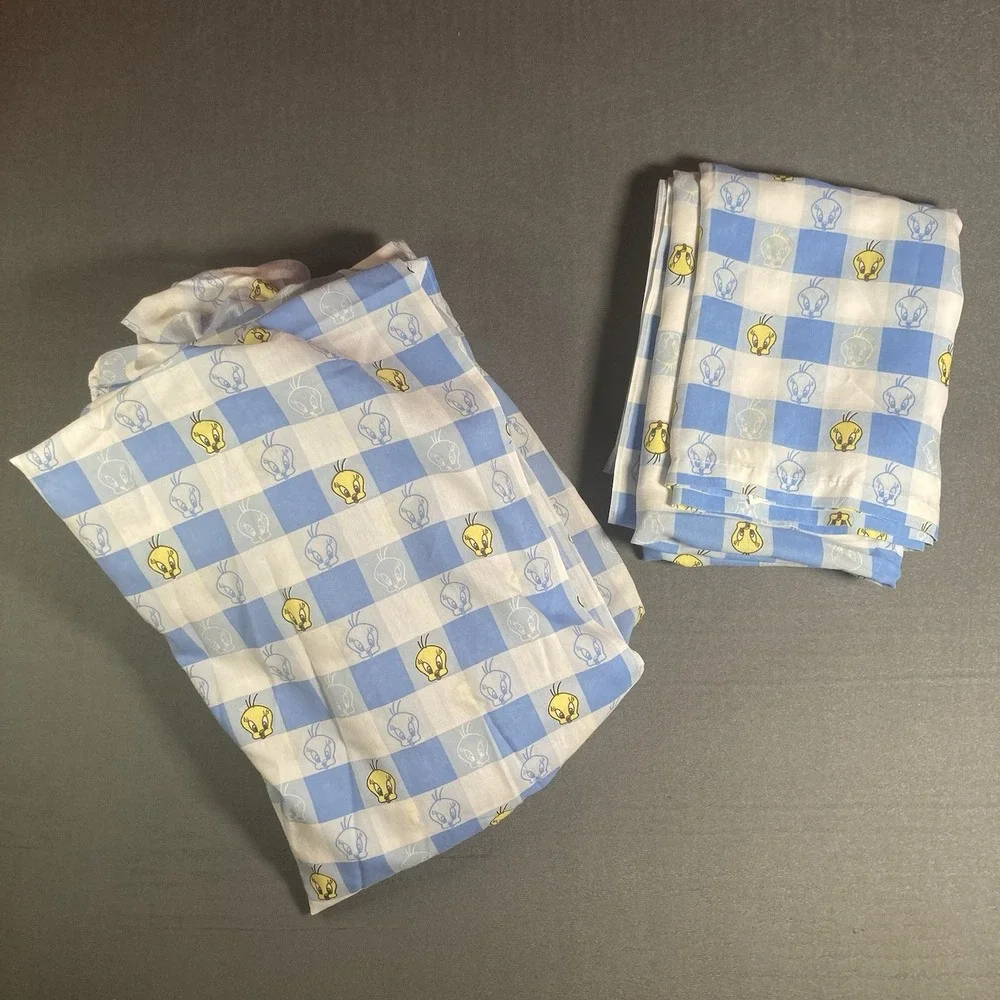 90's Vintage Tweety Bird Twin Flat & Fitted Sheet Blue White & Yellow Bibb Co,